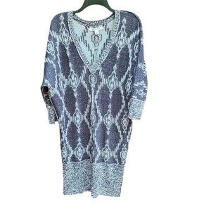 ROXY Black/White/GreyKnit Sweater tunic Dress 3/4 Sleeves V-neck Size Large L